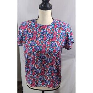 No Brand Name Short Sleeve Womans Blouse Floral Print Keyhole Back No Size Tag